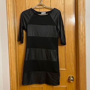 Black faux leather stripped 3/4 sleeve dress